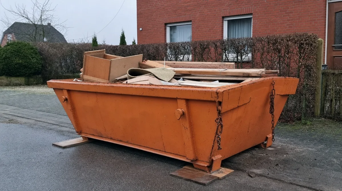 Gemieteter Container am Einsatzort in Schleswig-Holstein, halb gefüllt