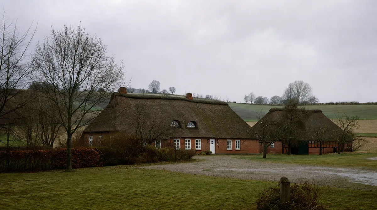 Reetdachhof in der Landschaft von Angeln in Schleswig-Holstein