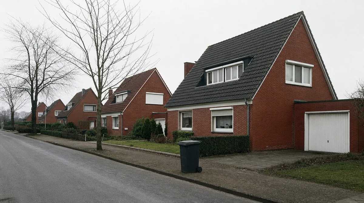 Wohnstraße mit Klinkerhäusern der 1960er Jahre in Schleswig-Holstein