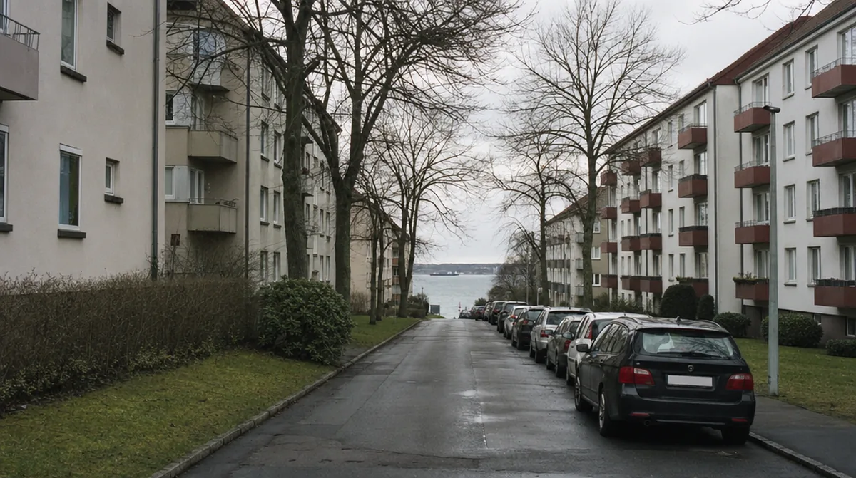 Wohnstraße mit Nachkriegsbauten in Kiel mit Blick auf die Förde
