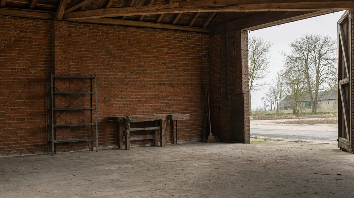 Leergeräumte Scheune mit Backsteinwänden in Angeln, Schleswig-Holstein